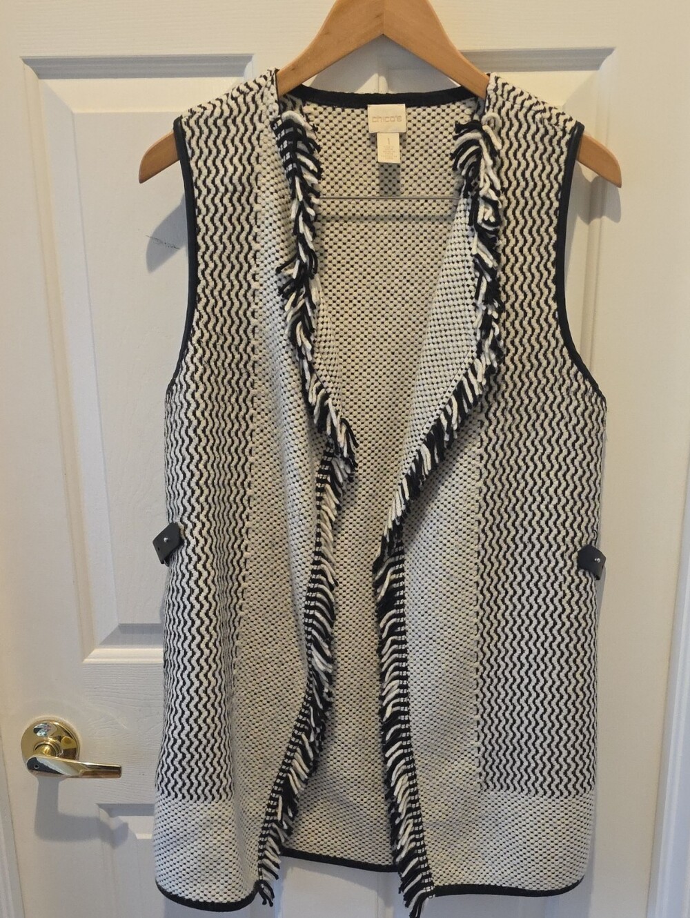 Chico's Black and White Fringed Knit Open Vest